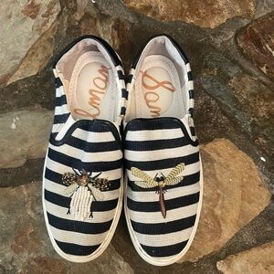 Sam Edelman Striped Slip-On Shoes with Insect Embroidery. Size 7.5